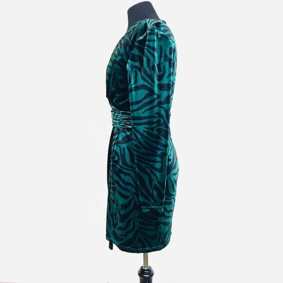 LINI NATALIE Velvet Emerald Zebra Print Faux Wrap Dress S - Picture 3 of 13